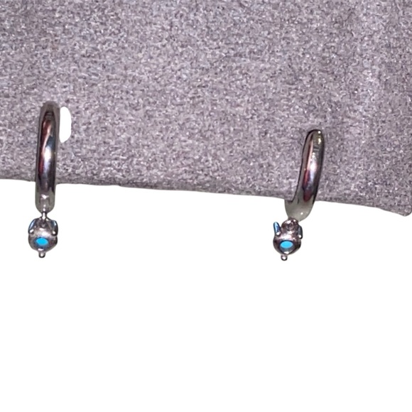 BABYGOLD 14K White Gold Turquoise Charm Huggies Earrings - Picture 2 of 10